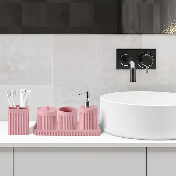 Resin Pink Bathroom Accessories Set 5 Pcs, Lotion Soap Dispenser, Toothbrush Holder, Bathroom Tumbler, Qtip Holder and Vanity Tray, Bathroom Countertop Organizer Set for Modern Home Apartment