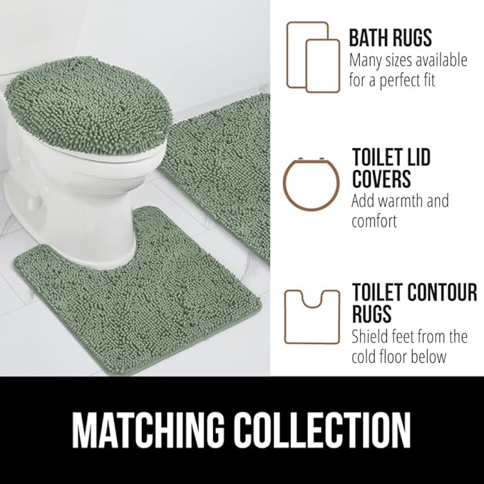 GORILLA GRIP Plush Absorbent Shaggy Chenille Bath Rug Mat for Oval Toilet Base with Rubber Backing, Machine Washable Rugs, Soft Microfiber Contour Mats for Toilets, Bathroom Decor, Sage