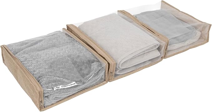 Household Essentials Under Bed Zippered Sweater Storage Bags with Clear Vision Panel, Set of 3, Latte Brown