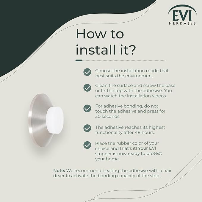 Evi Herrajes | Adhesive Door Stop | Wall Fitting | 1.37x0.59 | Satin Matt Stainless Steel | Conical Shape | Two Rubbers Included | Adhesive or Screw Installation