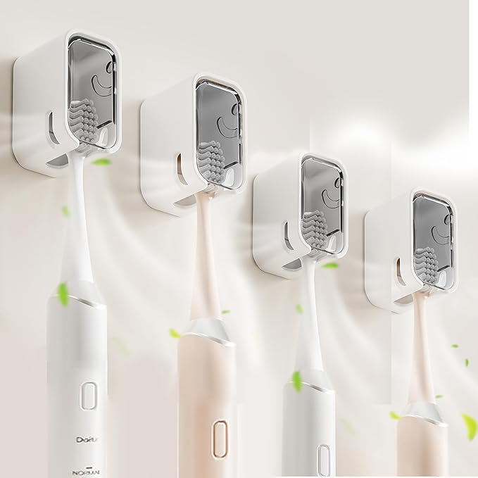 4 Pack Toothbrush Holders for Bathroom, Self Adhesive Wall Mounted Toothbrush Holder with Cover, Single Toothbrush Dispenser Storage Organizer for Family, Travel, Waterproof and Dustproof (Grey)