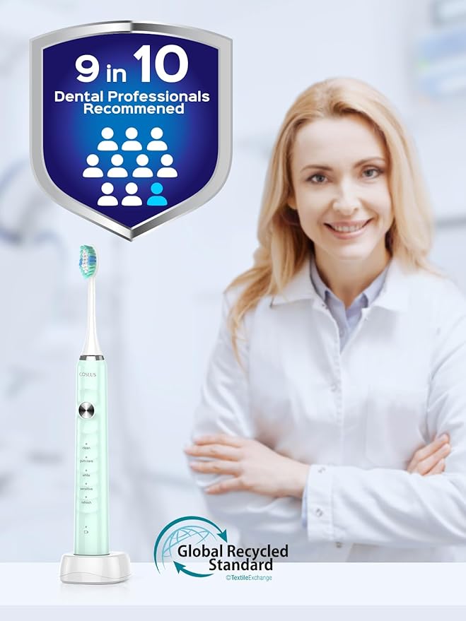 COSLUS Sonic Electric Toothbrush for Kids & Adults C40(DY-108Pro): 47000 VPM for Deep Cleaning with Travel Case - 5 Modes for Sensitive Teeth & Braces, Wireless Charging, 6 Brush Heads, Green (1PC)