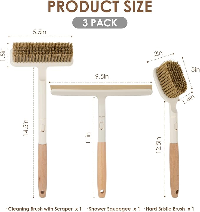 3 Pack Hard Bristle Scrub Brush Set with Long Wooden Handle, 2-in-1 Heavy-Duty Scrubbing Brushes with Scraper Strip, Glass Shower Squeegee, Cleaning Brush for Bathroom, Shower, Floor, Bathtub, Walls