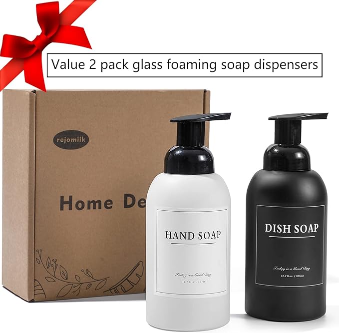 rejomiik 2 Pack Foaming Soap Dispenser Thick Glass Foam Hand Soap Dispenser for Bathroom or Kitchen Sink, 13 oz Pump Bottles for Hand soap, Body Wash, Matte Black and White