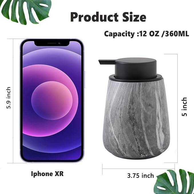12Oz Ceramic Liquid Soap Dispenser - Modern Lotion Hand Soap Dispenser with Easy-to-Press Black Pump, Reusable and Refillable Dish Soap Dispensers for Bathroom & Kitchen, Marble Grey