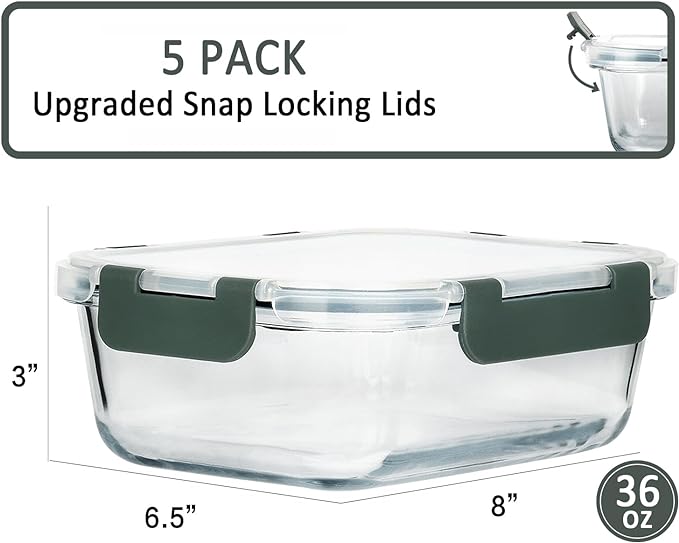 M MCIRCO [5-Packs, 36 Oz Glass Meal Prep Containers with Snap Locking Lids Glass Food Containers,Airtight Lunch Container,Microwave, Oven, Freezer and Dishwasher (4.5 Cup)