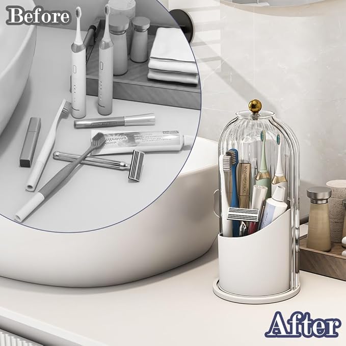 Zufudo Dustproof Toothbrush Holders with Cover, Rotating Electric Toothbrush and Toothpaste Holder for Bathroom Countertop, 3 Slots Makeup Brushes Organizer, Transparent