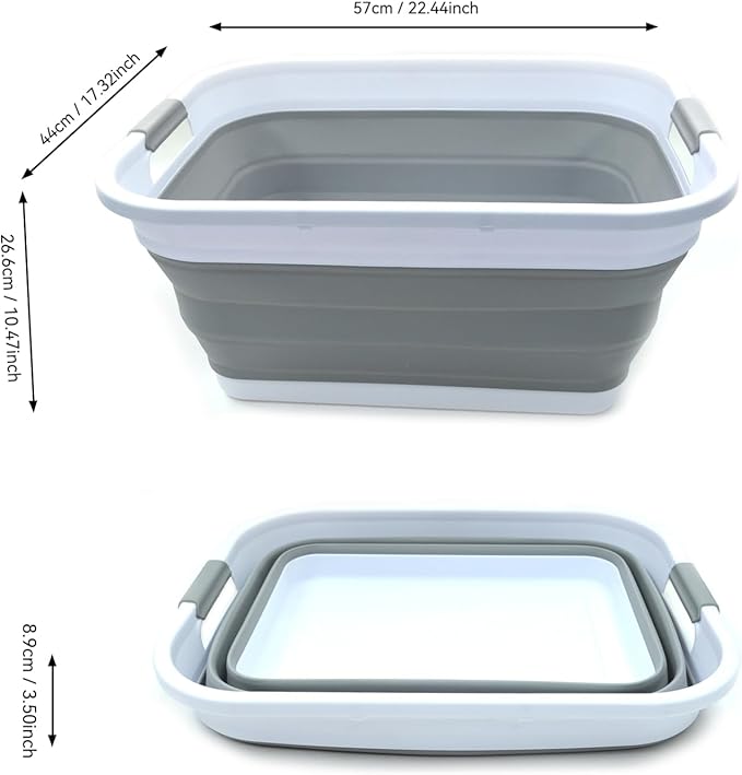 SAMMART Set of 2-41L(10.8 gallon) Collapsible Plastic Laundry Basket-Pop Up Storage Container-Portable Washing Tub-Space Saving Hamper/Basket, Water capacity:32L(8.4 gallon) (2 rectangular, Grey)