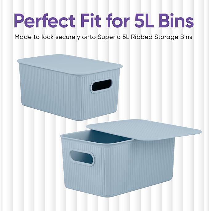 Superio Ribbed Collection - Decorative Plastic Basket Open Home Storage Bins Organizer, Blue (Parent) Container Boxes for Organizing Closet Storage Bins for Shelves (Lid - Medium (5 Liter), 2 Pack)