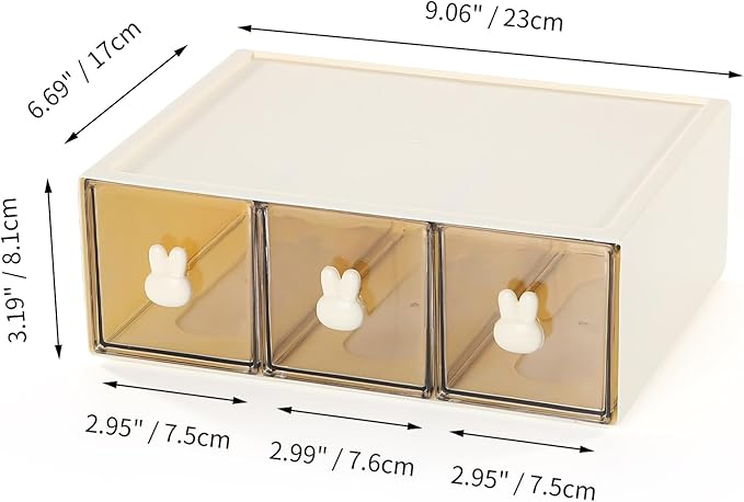 Desktop Storage Drawers, Plastic Desk Organizer with 3 Drawers, Modular Stackable Toolbox Units for Office Stationary, Makeup Container, Bathroom Countertop (1 Tall Layer, Cream & Clear)