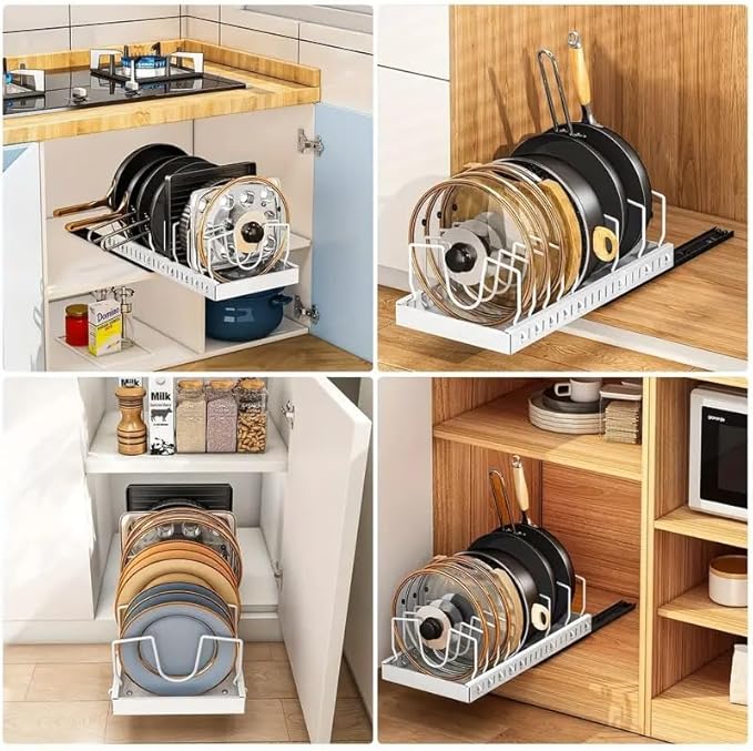 2 Pack Pull Out Pots and Pans Organizer Rack for Cabinet and Countertop, Pull Out Cabinet Organizer with 8 Adjustable Dividers, Kitchen Storage for Pot Lid, Dishes, Bakeware, Pots and Pans, White