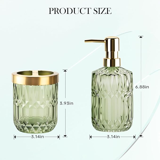 Glass Bathroom Accessories Set, 2PCS Clear Glass Bathroom Accessory, Toothbrush Holder and Soap Dispenser Set for Modern Bathroom Decor(Green)