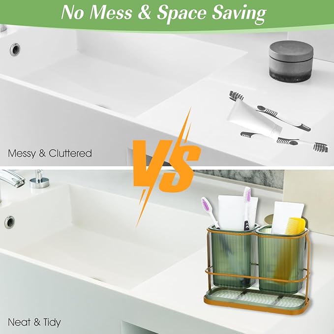 Green Toothbrush Holders for Bathrooms, 2 Cups Toothbrush Holders for Bathrooms Countertop Organizer, Dry & Wet Separation, Bathroom Organizers and Storage, Bathroom Toothbrush Holder Set for Family