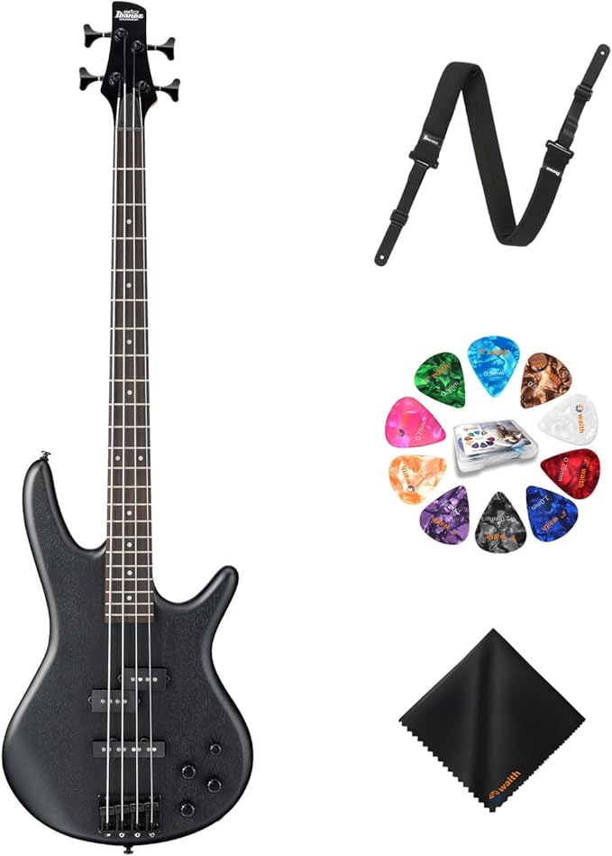 Ibanez GSR200B 4-String Bass Guitar (Weathered Black) - Right Handed Nyatoh Body Bass with GSF50 Powerpad Strap, 15 Pack Guitar Picks with Storage Box & Microfiber Cleaning Cloth (Bundle Set)