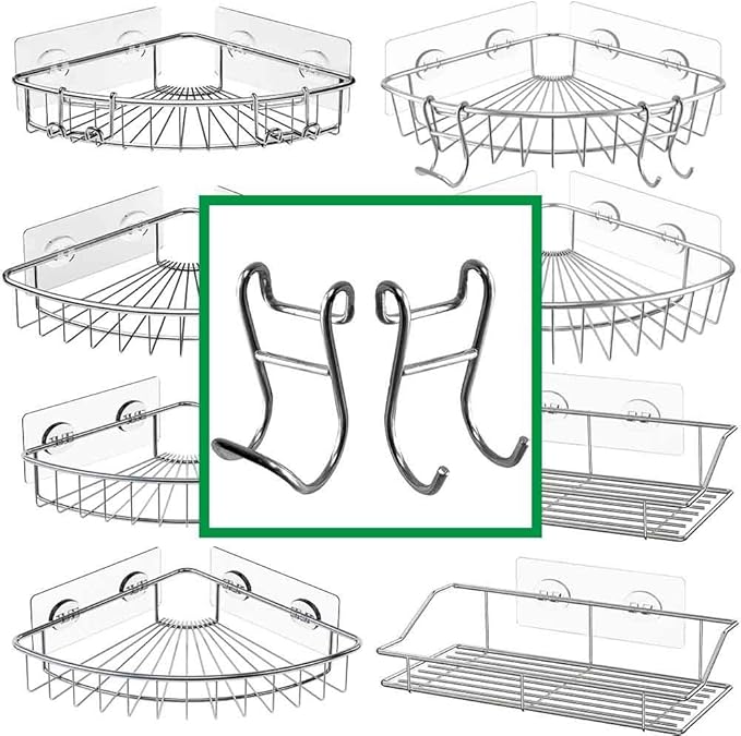 Shower Caddy Shelf Basket Rack Hooks Stainless Steel Metal Bathroom Hangers Hanging for Loofah Robe Massage Towel Squeegee Sponge Razor 2 Pack