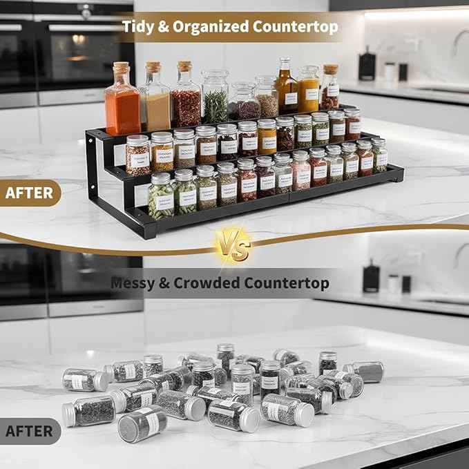 Expandable Kitchen Spice Rack, Three-tier Metal Spice Organizer, Suitable For Kitchen Countertops And Cabinet Wall-mounted Spice Storage Boxes.