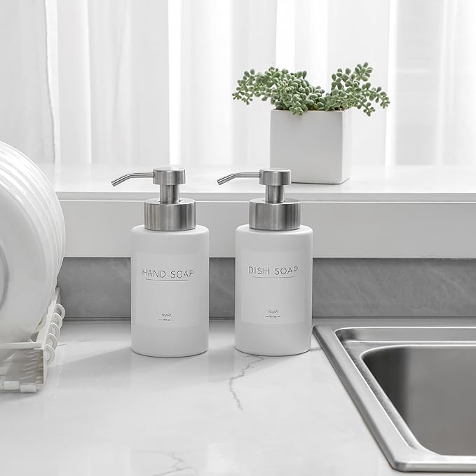 Foaming Soap Dispenser Set, 12 Oz Glass Hand Soap Dispenser with 304 Rust Proof Stainless Steel Pump, Waterproof Labels, for Bathroom Decor Kitchen College Dorm, White Silver Pump 2 Pack