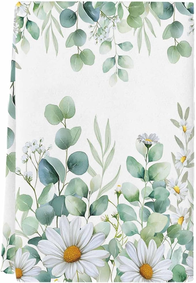 Microfiber Kitchen Towel, Green Eucalyptus Leaves Soft Absorbent Dish Towels, Summer Botanical Watercolor Daisy Quick Drying Washable Dishcloths for Kitchen Cleaning, Drying Dishes, 18x28 Inches