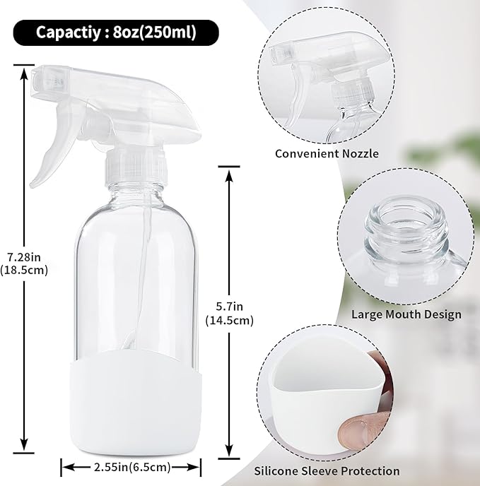 HOMBYS 8 Oz Empty Clear Glass Spray Bottles with Silicone Sleeve Protection Refillable Containers for Cleaning Solutions, Essential Oils, Misting Plants - Quality Sprayer - 1 Pack Boston Bottles