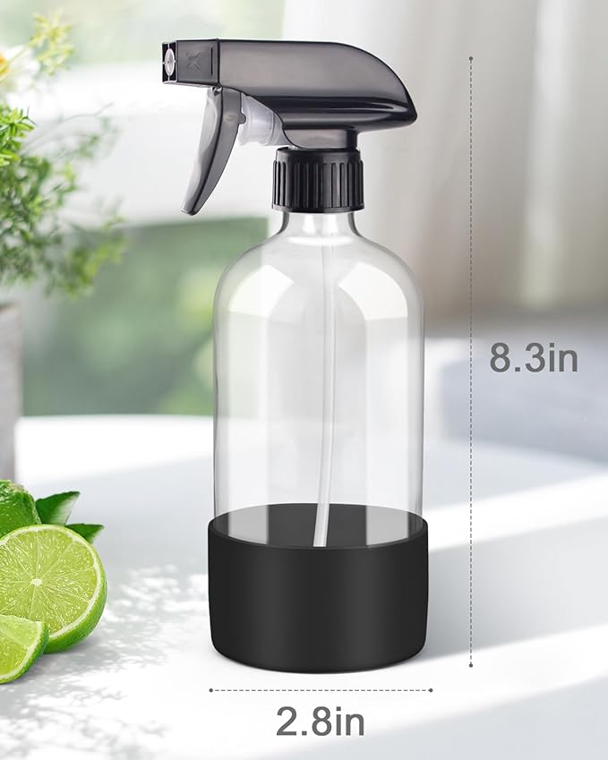 Glass Spray Bottles with Silicone Sleeve Protection, Empty 16OZ Reusable Spray Bottles, Refillable Containers with Spray Nozzles for Cleaning Solutions, Plants and Essential Oils 1 Pack Black