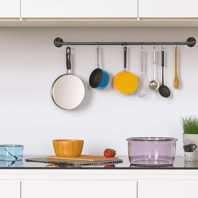 34.3 inch Industrial Pipe Pot Bar Rack with 15 S Hooks Rustic Iron Pots and Pans Hanging Rail Pipe Towel Holder Wall Mounted Detachable Kitchen Utensil Pan Lid Organizer Black