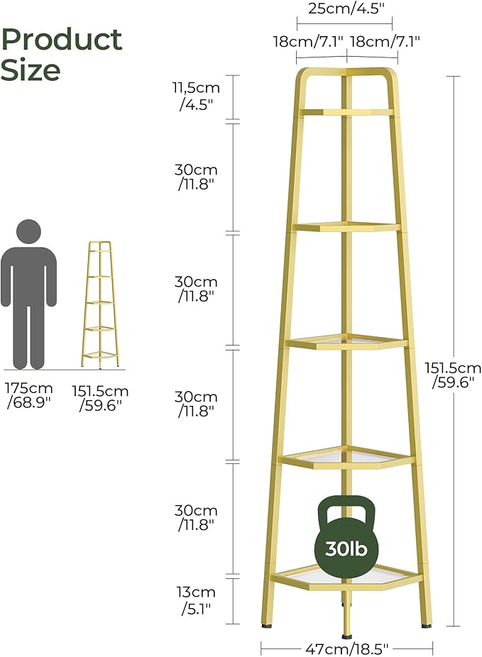 5-Tier Corner Shelf, 59.6” Corner Storage Stand, Floorstanding Dispaly Rack, Tempered Glass Corner Bookshelf, Open Plant Stand, for Living Room, Bedroom, Study, Bathroom, Gold TCJ21GJ