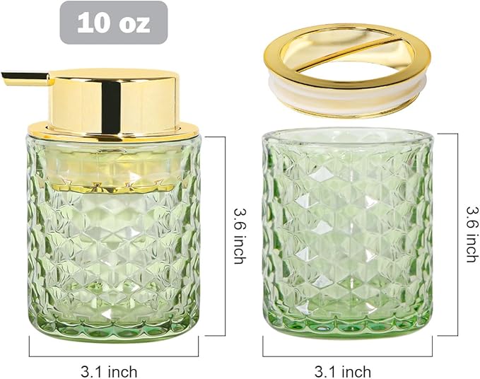 Bathroom Accessories Set, 3pcs Green Glass Bathroom Accessory Set, Toothbrush Holder, Foaming Soap Dispenser and Tumbler, Gold Bathroom Decor Sets for Organizer, Home Apartment Gift