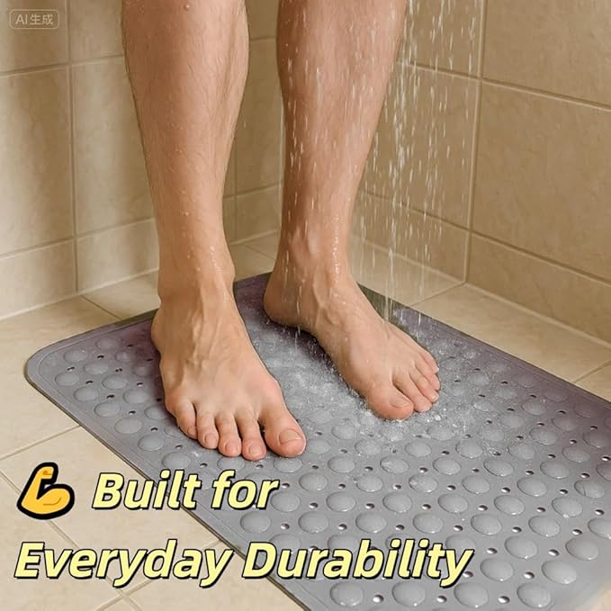 Bath and Shower Safety Mats 27.5x15 inch, Non Slip with Strong Suction Cups for Bathroom Stall and Tub Floor, Extra Large and Machine Washable, Drain Holes Keep Bathtub Clean, Soft on Feet, Light Grey