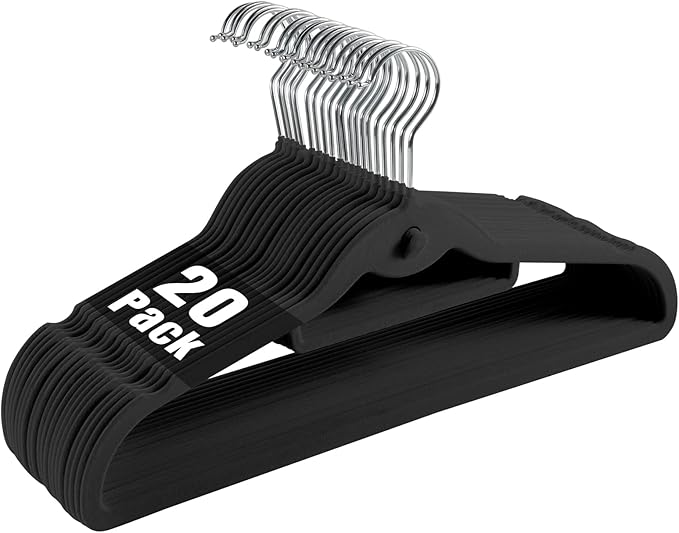 Velvet Clothing Hangers Slim Stackable Non-Slip Black Suit Hanger Space Saving Clothes Hanger Heavy Duty Adult Hangers with 360°Swivel Hook Pack of 20
