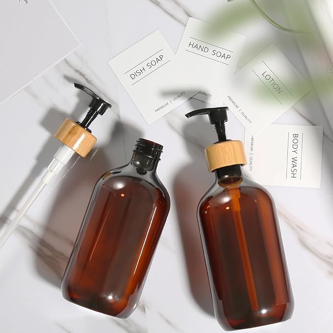 Amber Soap Dispenser Plastic, Brown Dish Soap Dispenser with Bamboo Pump for Kitchen,17 Fl Oz Hand and Dish Dispenser Set for Bathroom, Farmhouse Liquid Soap and Lotion Dispensers Bottle