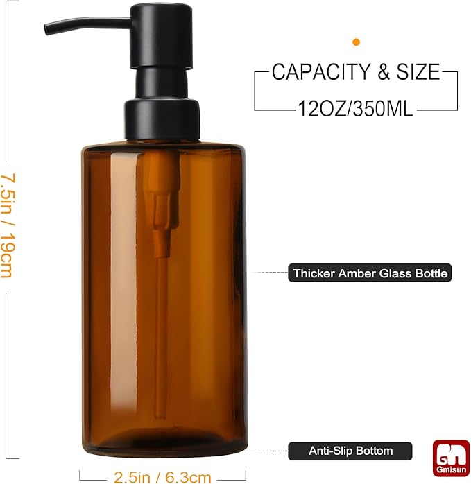 GMISUN Amber Glass Soap Dispenser, Hand Soap Dispenser for Bathroom, Dish Soap Dispensers for Kitchen, 12 fl oz/350ml Glass Bottle with Stainless Steel Pump, Modern Refillable Liquid Lotion Bottles