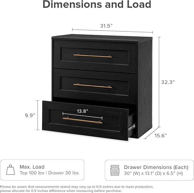mopio Blake 3 Drawer Dresser for Bedroom, Chest of Drawers, Wood Dresser Organizer, Modern Farmhouse, Tall Night Stand, Enhanced Safety, Sturdy Compliant (Black Oak, Single)