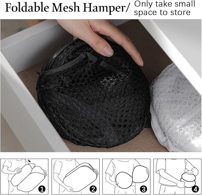 4Pcs Pop Up Laundry Hamper, FHDUSRYO Mesh Foldable Hamper with 4 Wash Bags, Collapsible Laundry Basket with Side Pocket Carry Handles, Portable Dirty Clothes Basket, Mesh Hamper for Dorm Bedroom