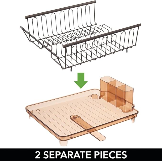 mDesign Large Modern Kitchen Countertop, Sink Dish Drying Rack - Removable Cutlery Tray and Drainboard with Adjustable Swivel Spout - 3 Pieces, Bronze/Brown Cutlery Caddy and Drainboard