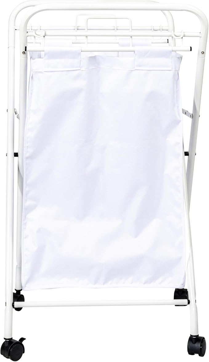 Household Essentials Rolling Laundry Hamper, Heavy Duty Canvas Bag, 2 Load Capacity, Foldable Frame, White Bag with Velcro Fasteners, White
