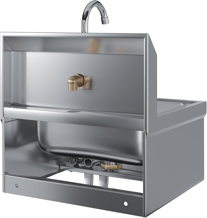 Hands-Free Wall-Mounted Stainless Steel Hand Sink, 17 in x 15 in, with Double Knee Valves and Faucet
