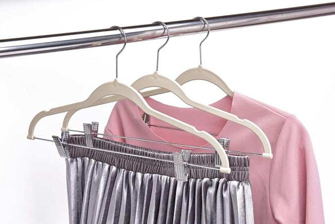 Quality Plastic 20-Pack Non Velvet Non-Flocked Thin Compact Coat Hangers with Metal Clips for Skirts Pants Blouses 360° Swivel Hook (Ivory, 20)