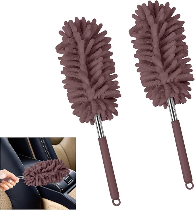 2PCS Car Interior Duster with Extension Pole, Soft Chenille Microfiber Duster for Cleaning, Scratch Free & Lint-Free, Washable Cleaning Brushes for Vehicle Details, Home, Office (Coffee)