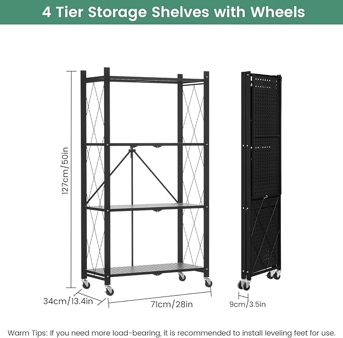 ALANNG 4 Tier Storage Shelves on Wheels, No Assembly Metal Folding Shelf Heavy Duty, Black | Colorful | Rolling | Collapsible | Rack Unit | for Living Room Office | 13.4" D x 28" W x 50" H