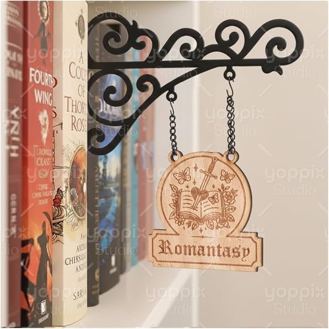 YOPPIX Book Nook Tavern Signs - Medieval Shelf Decor with Hanging Brackets, Fantasy Romance Book Genre Dividers for Home Library, Bookshelf Organization and Reading Corner Decorations