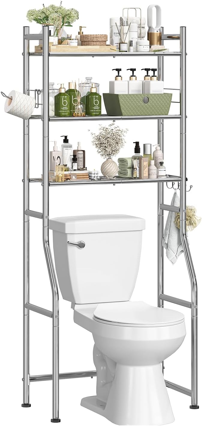 Simple Trending 3 Tier Over The Toilet Rack, Bathroom Shelves with 4 Hooks and Paper Holder, Bathroom Stand Organizer Space Saver, Chrome