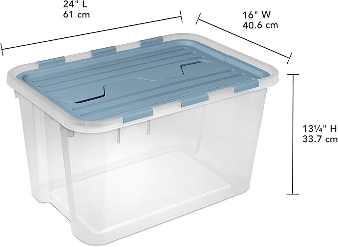 Sterilite 24 Pack Hinged Lid Storage Box, 60 Qt Plastic Container, Washed Blue - Home Organizer Tote for Storing Shoes, Crafts, Clothing, or Decor