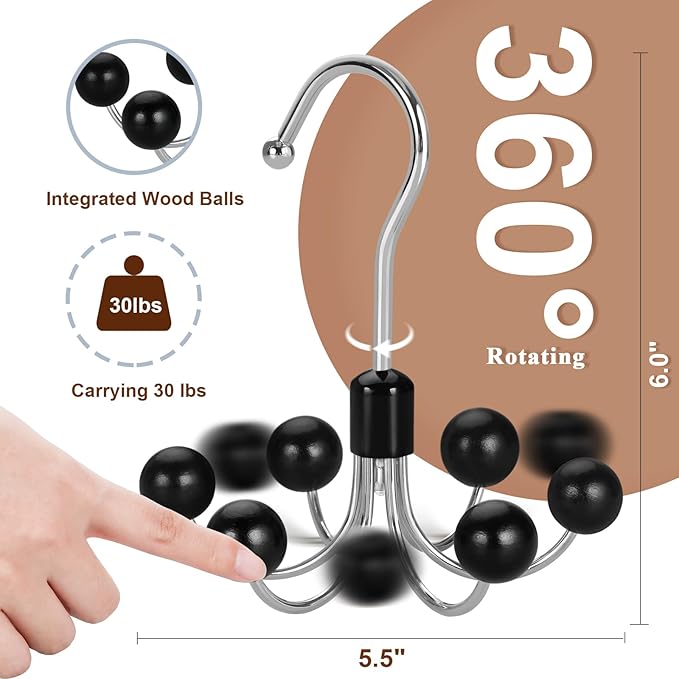 TOPIA HANGER Hoodie Hangers with 6 Wood Balls, 360°Swivel Purse Hanger, Scarf Hanger, Closet Hooks, Handbag Organizer, Bra Hanger, Accessory Organizers for Scarf, Tanktop, Hat, Hoodie CT56B