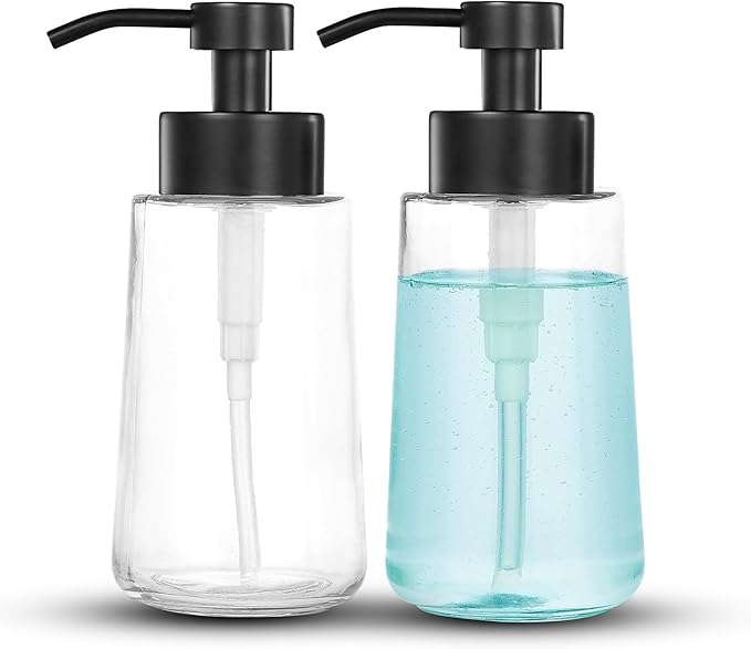 Doiliese Soap Dispenser, Clear Glass Soap Dispenser with Rust Proof Pump, 16oz Liquid Soap Pump with Waterproof Labels, Dish & Hand Soap for Bathroom, Kitchen, Matte Black, Pack of 2