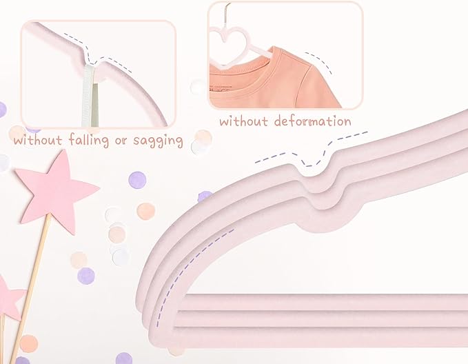 OneDream Pink Velvet Baby Hangers - 50 Pack 11inch Heart Toddler Hangers with 20pcs Clips, Non-Slip Strong and Durable Baby Clothes Hangers Without Slipping, Ultra Slim and Stackable Space Saving