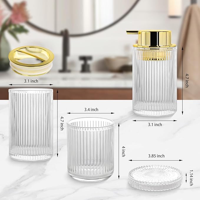 Clear Glass Bathroom Accessories, 4 Pcs Bathroom Sets Complete, Foaming Soap Dispenser,Toothbrush Holder and Qtip Holder Set,Modern Ribbed Vanity Countertop Organizer for Decor