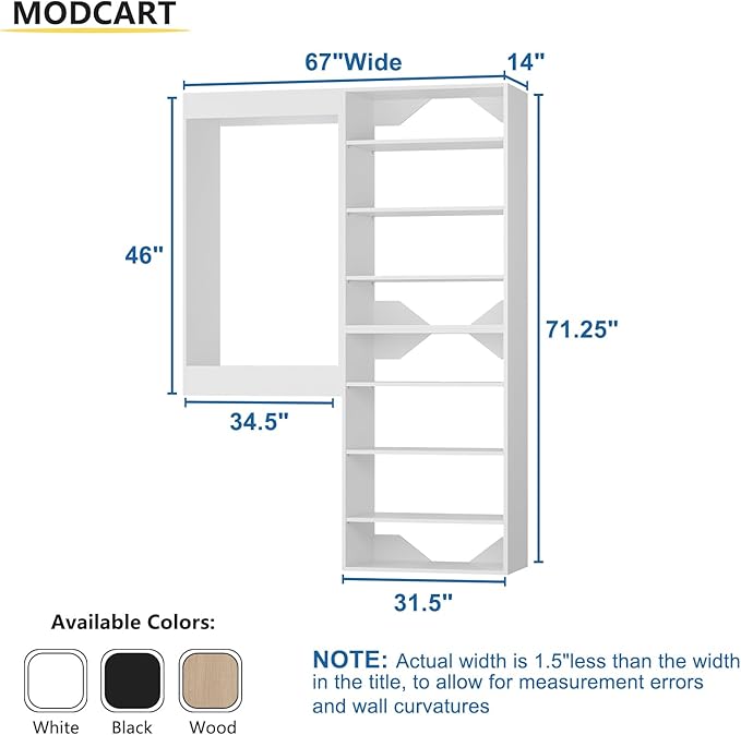Modular Closet System, 67" Wide Closet Organizer System with Towers and Hanging, Wood Closet Tower Storage for Walk In Closets, Wall Mounted Wardrobe Organizer Kit System, Bedroom, White