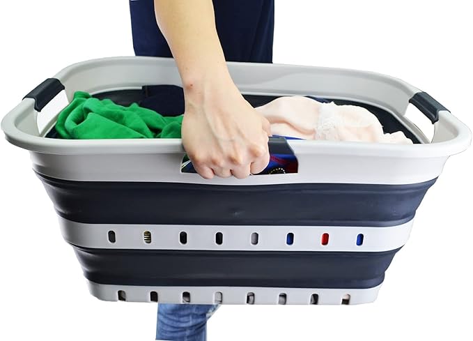 SAMMART 42L (11 gallon) Collapsible Plastic Laundry Basket - Foldable Pop Up Storage Container/Organizer - Portable Basket - Space Saving Hamper (Grey/Slate Grey (Set of 2))