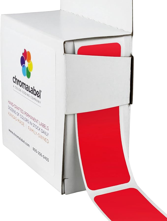 ChromaLabel 1 x 3 Inch Rectangular Color Coding Labels, Permanent Colored Labels Stickers Ideal for Home, School, and Office Organizing - 250 Count of Labeling Tabs with Dispenser Box, Red Stickers