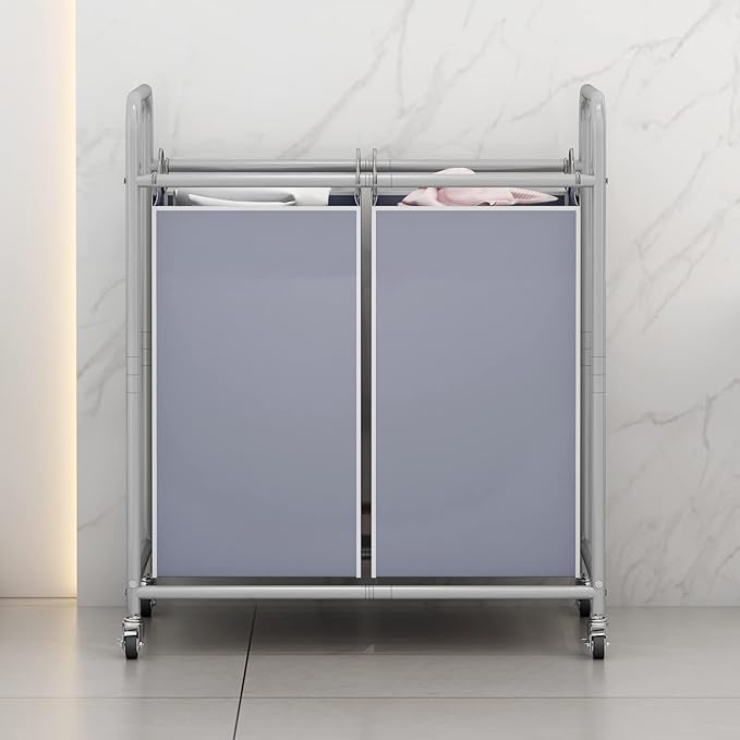 SUOERNUO Laundry Sorter Basket 2 Bag Laundry Hamper Cart with Rolling Lockable Wheels and Removable Bags Laundry Organizer Cart for Clothes Storage, Grey